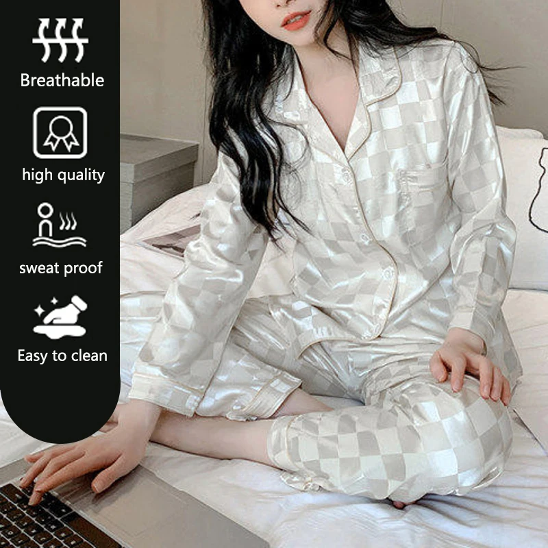 Plus Size Women Pajamas Set Long Sleeves Girl Home Wear Two-Piece Cardigan Solid Plaid Sleepwear Sexy Nightwear Autumn Winter