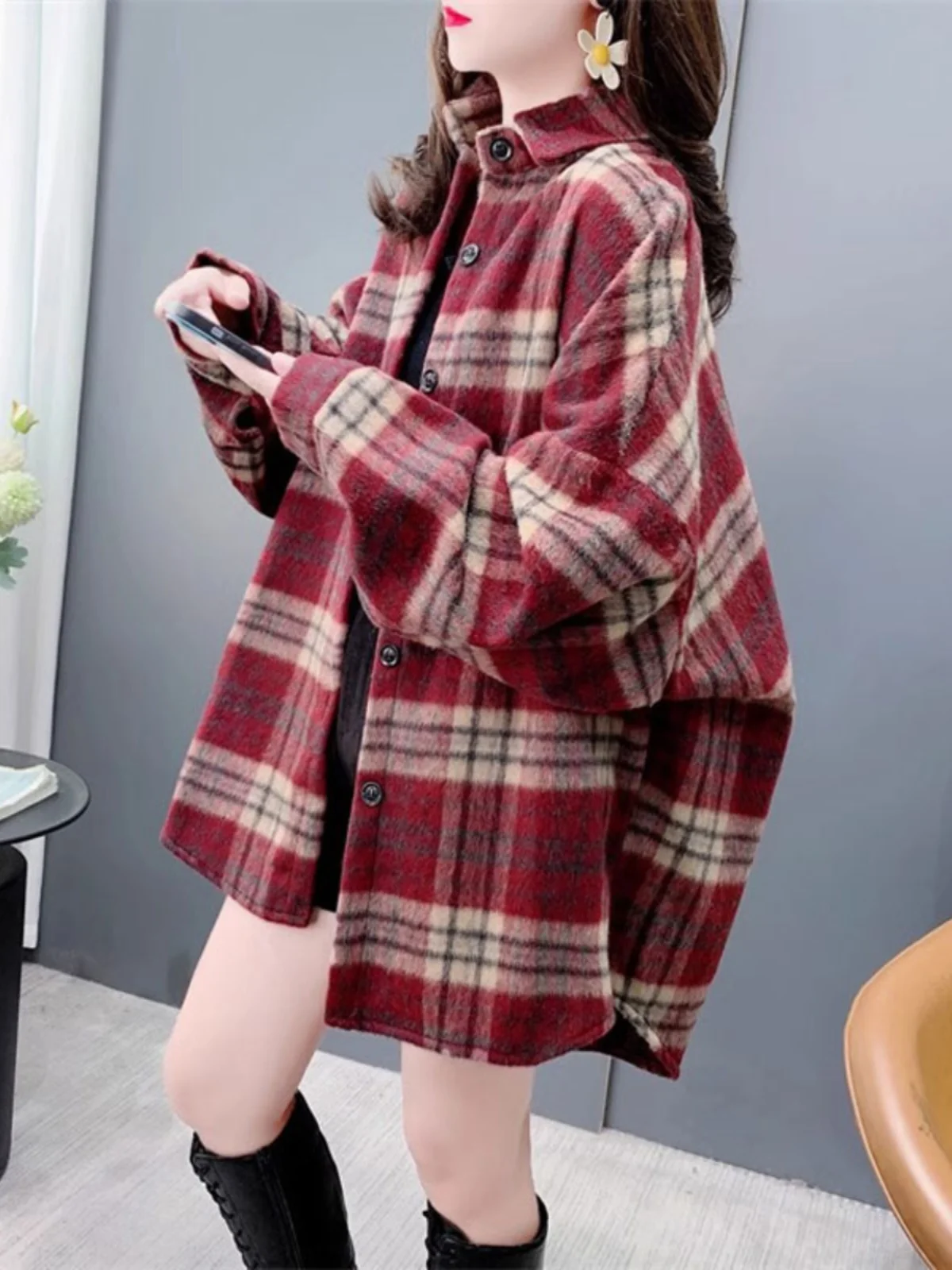 Organic Cotton Blend Brushed Woolen Shirt Loose Fit Medium Length Thin Style Women's Spring Autumn New Lazy Style Open Cardig...