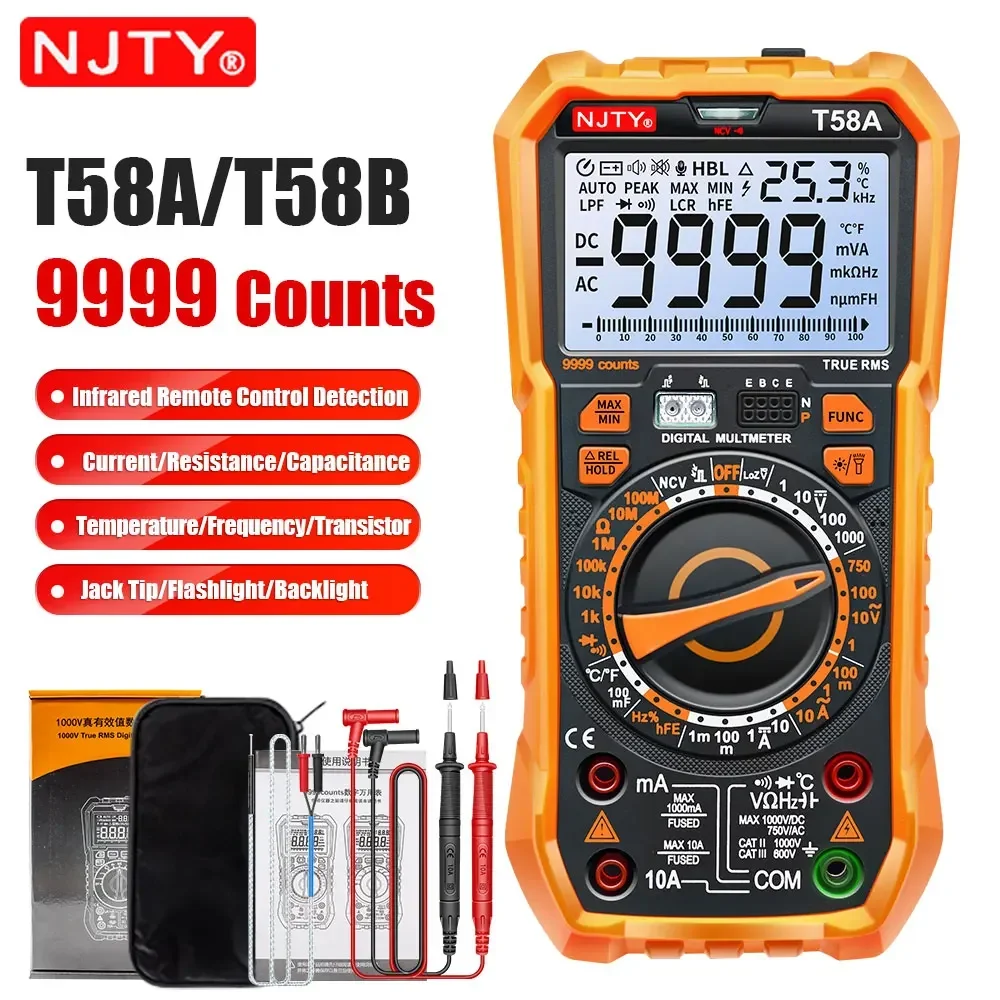 TY T58A/B NCV Digital Multimeter, 9999 counts auto-ranging, AC/DC voltage measurement, equipped with flashlight and backlight, l