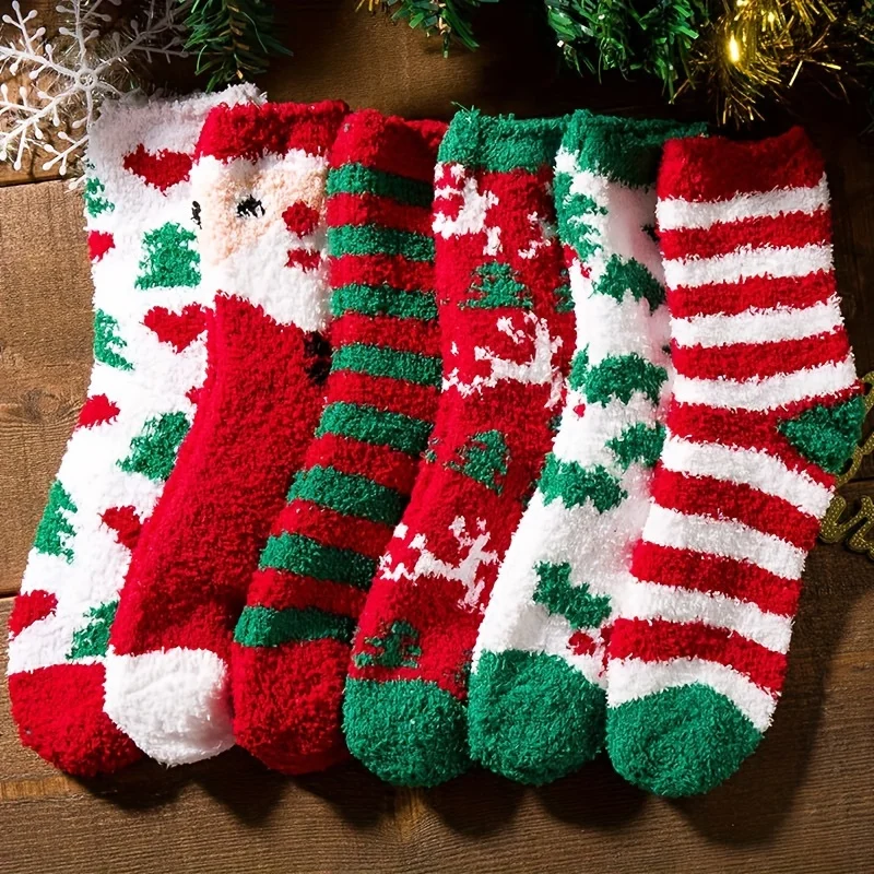 6 Pairs of Randomly Assorted Styles of Christmas Plush Mid-Calf Socks, Santa Claus Striped Heart Design, Fashionable and Versatile Autumn/Winter Snow Socks, Trendy Warm Floor Socks Suitable for Daily Use