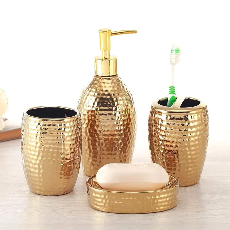 Ceramic Bathroom Accessories Set Golden Soap Dispenser Toothbrush Holder Dish Household Decoration Storage Tray