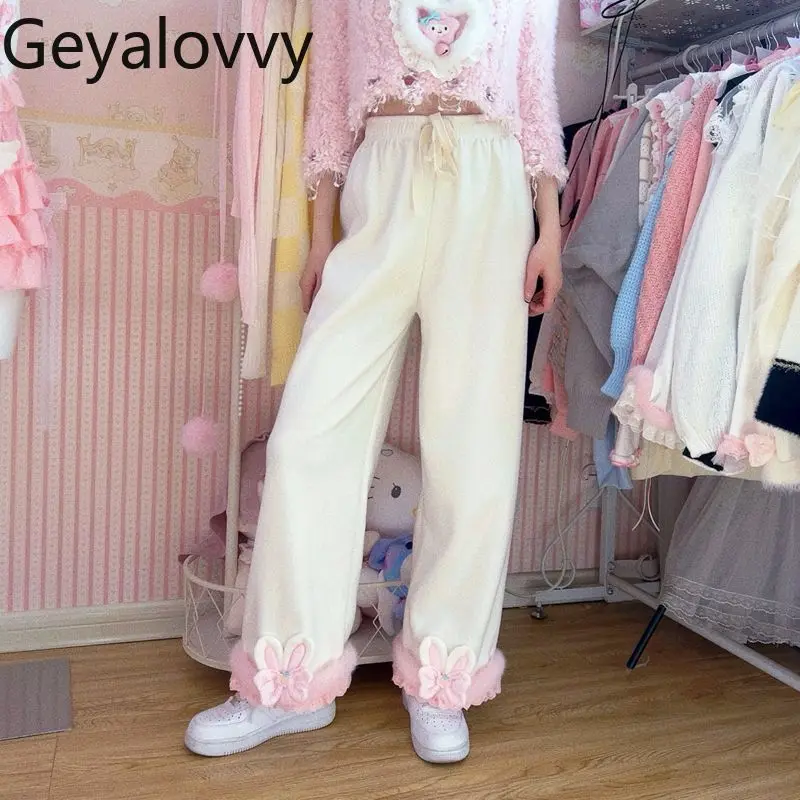 Autunno Inverno Cute Sweet Girl Bowknot Pantaloni a gamba larga Pantaloni casual in vita elastica allentata versatile Pantaloni lunghi dritti ispessiti