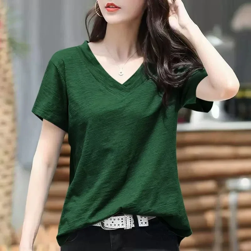 Summer Women's V Neck Short Sleeve T-Shirt Casual Loose Fit Slub Cotton Blouse Chic Lady Commute Daily Wear Basic Top Y2K