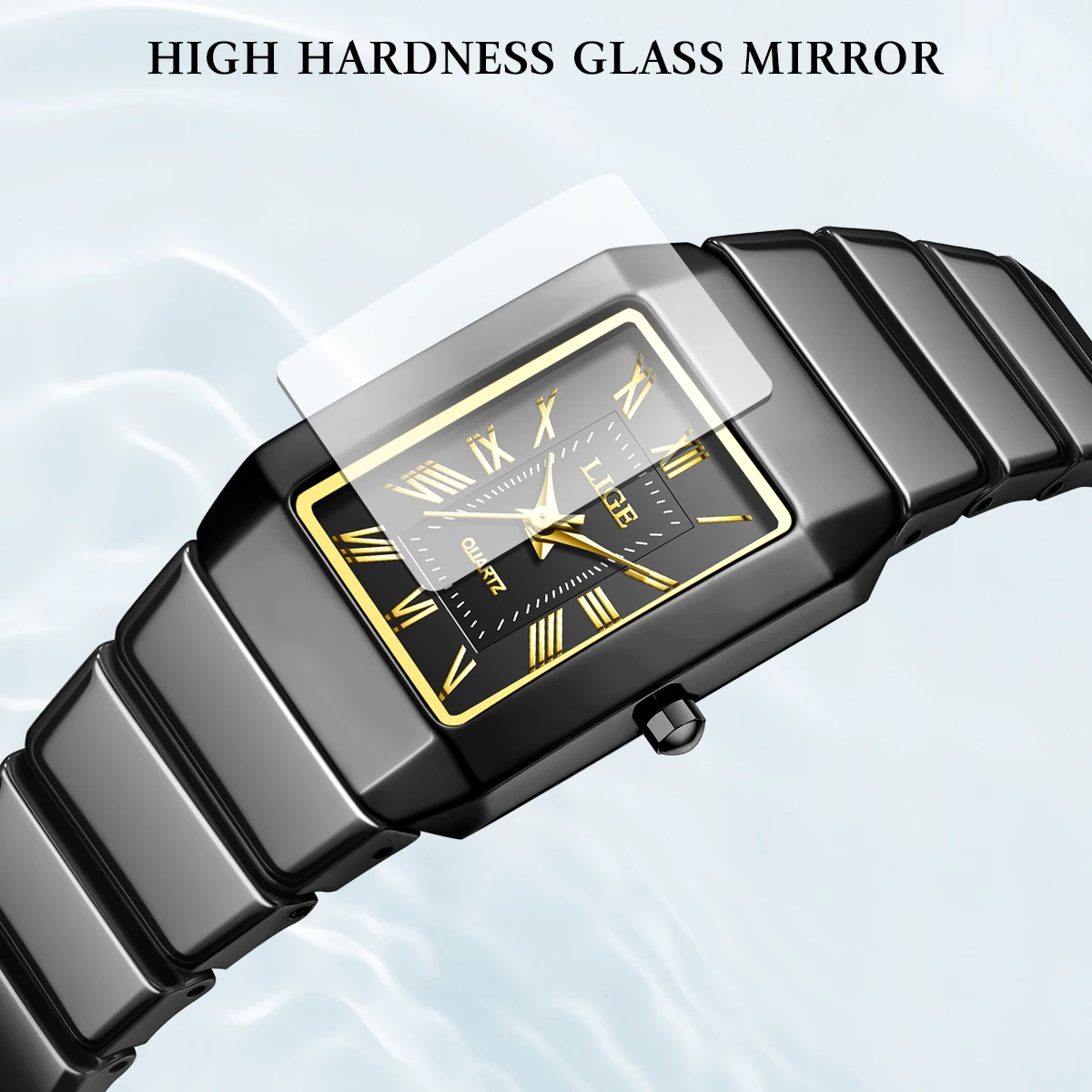 ساعة يد كوارتز سيراميك سوداء مربعة أنيقة للنساء من LIGE، ساعات فاخرة من السيراميك مقاومة للماء، ساعة نسائية كاجوال للسيدات