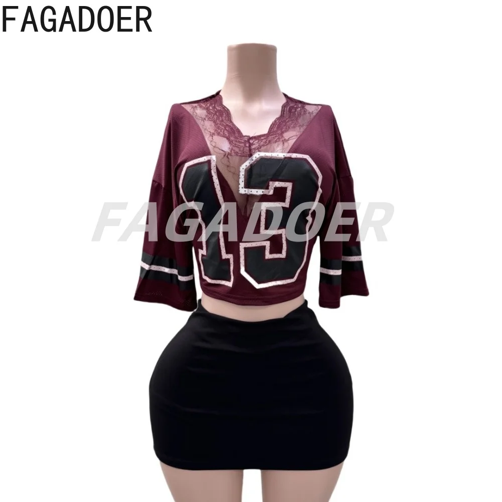 FAGADOER Sexy Lace Patchwork Basketaball Tshirt Women Letter Print V-neck Mesh Sheer Loose Crop Tops Hot Girl Y2k Streetwear