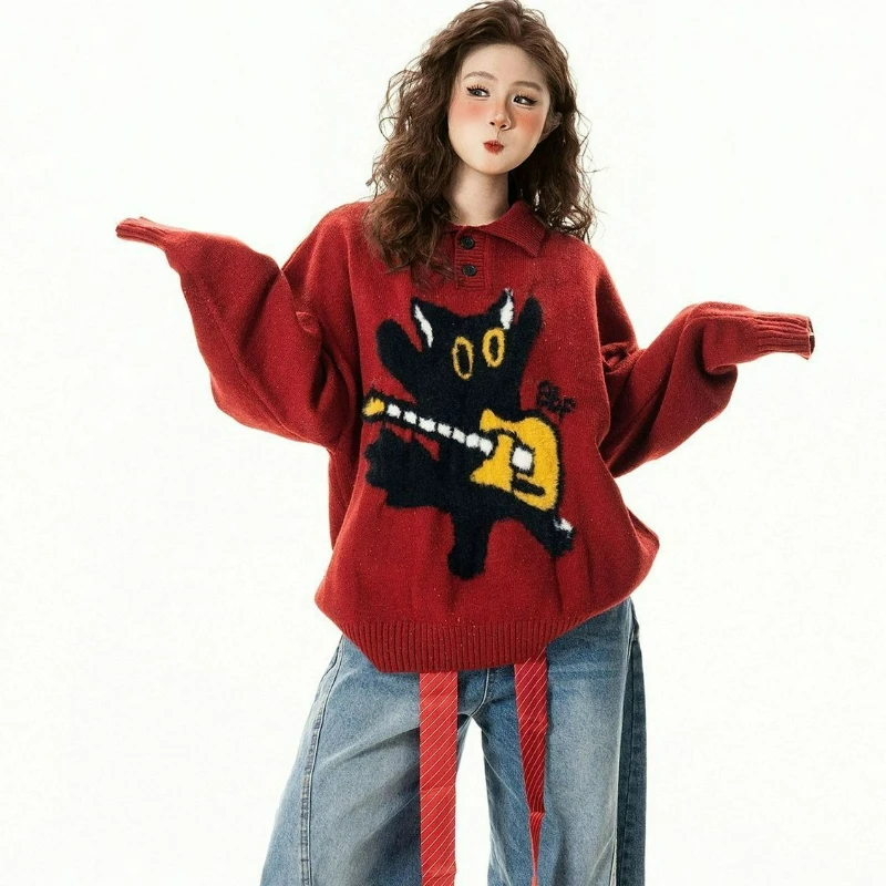 

Жаккардовый свитер поло с вырезом поло в американском стиле ретро для мужчин и женщин, осень/зима 2026, новый свободный и универсальный повседневный пуловер