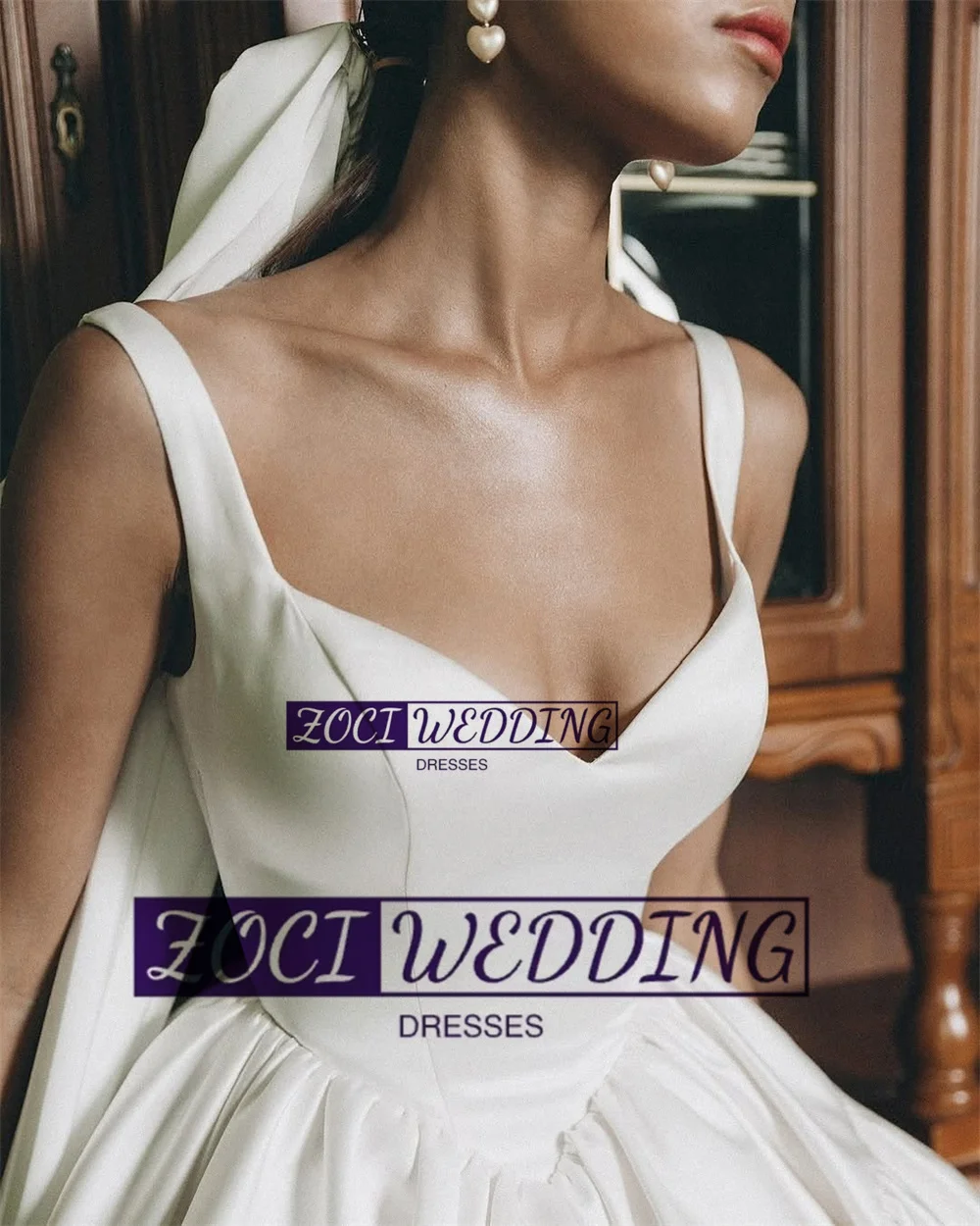 Zoci Elegant V Neck Puffy Short Wedding Dresses Wide Straps Pleats Satin Bride Dress vestidos de novia Customized Wedding Gown