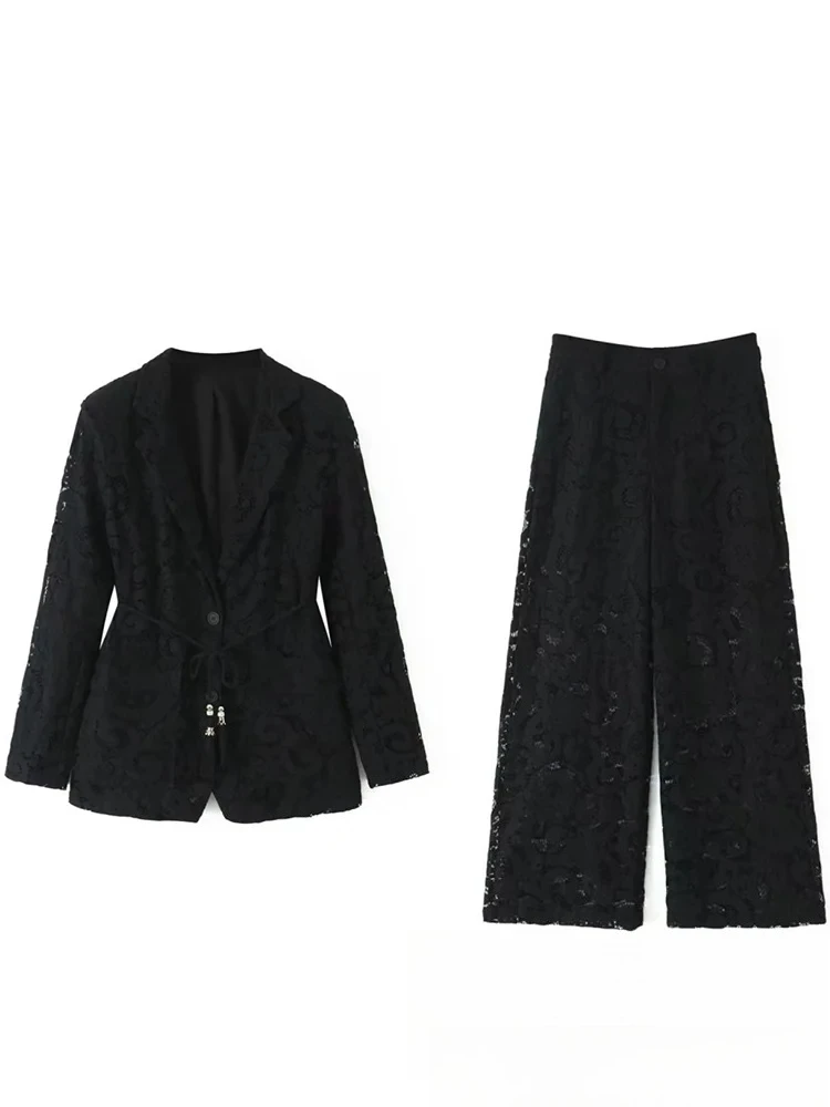 

KONDALA сексуальный шикарный черный кружевной женский костюм однобортный пиджак с поясом прямые свободные брюки мода 2025 осенние офисные женские комплекты