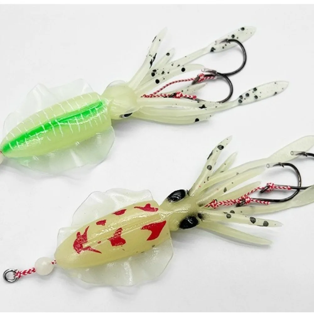 Faldas de calamar de goma, 10CM/15CM, Material suave de goma, Señuelos de pesca de pulpo, característica luminosa, diseño de doble gancho