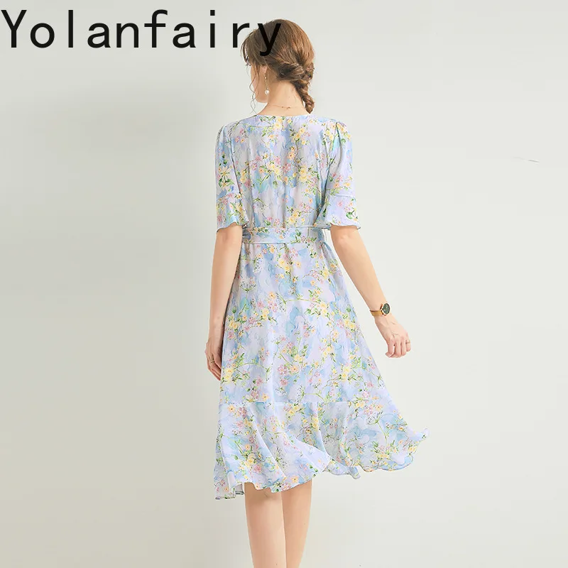 YOLANFAIRY 100% Real Mulberry Silk Dress for Woman Short Sleeve Ruffled Silk Long Dress Elegant Summer Dress Lace-up vestidos