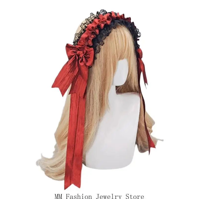 Charm Ruffle Lace Headband With Ribbon Bowknot Decoration For Female Teen Girls Maid Costume Hairband For Role Play Outfit