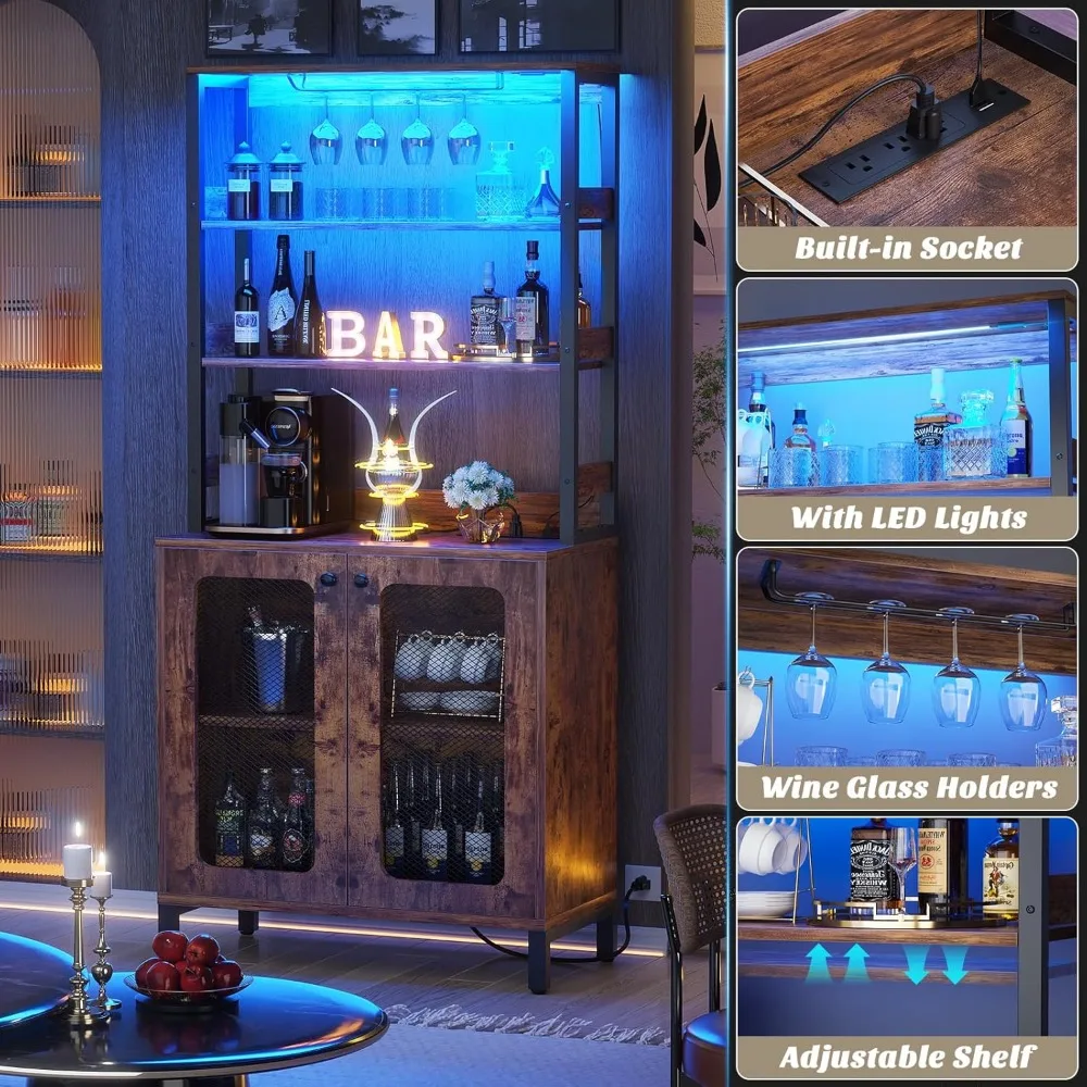 Armadietto da bar con prese di corrente, armadietto per vini da 67 pollici di altezza, armadietto per liquori con luci a LED e supporto in vetro