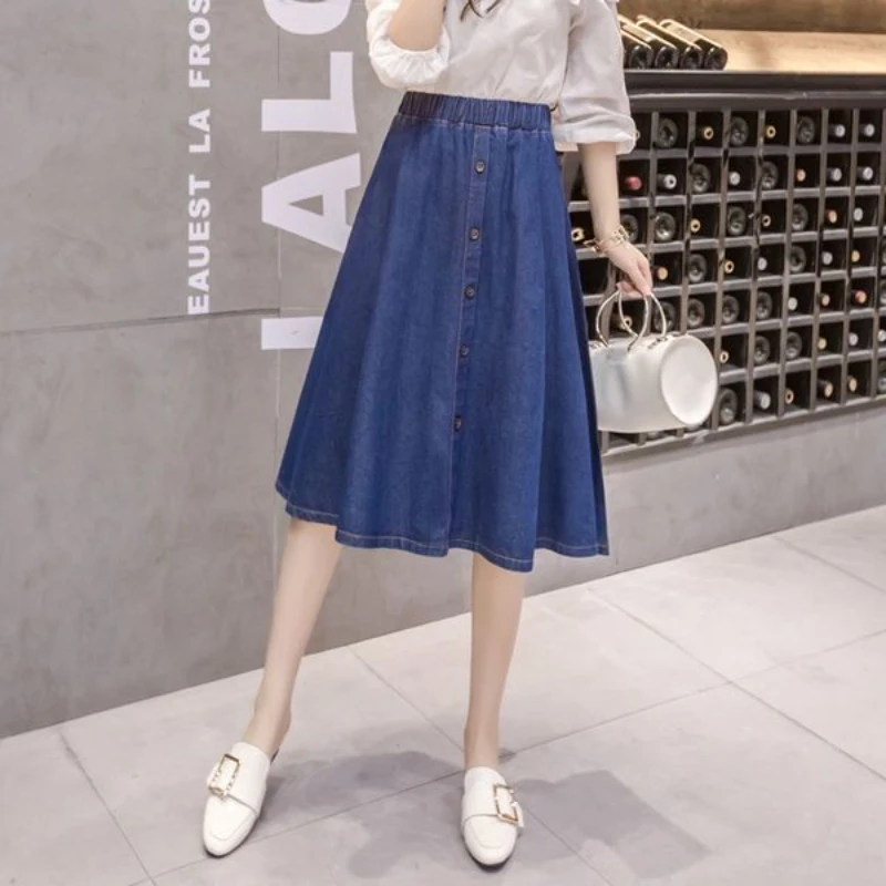 Falda azul hasta la rodilla para mujer, estilo Preppy, algodón, Denim, línea A, cintura elástica, suelta, informal, moda Midiskirt