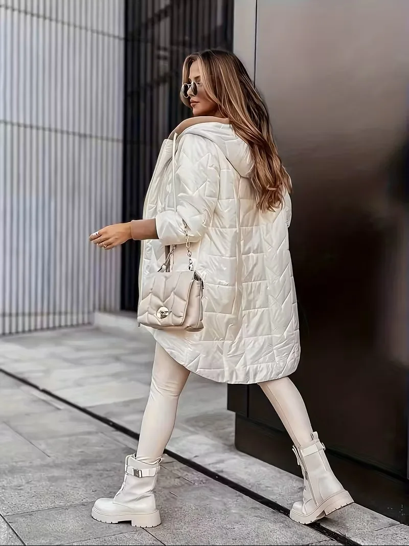 Winter Elegant Hooded Quilted Parka Women Mid-length Contrast Lining Trim Thick Warm Loose Fit Coat Casual Daily Outwear 2026