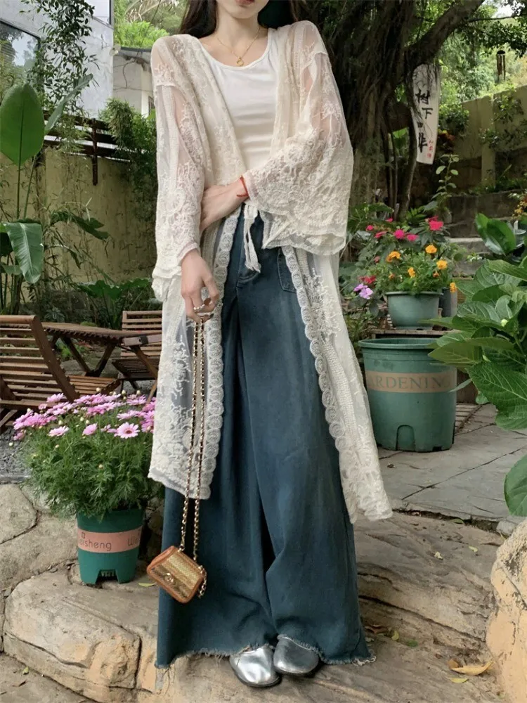 Elegant Embroidered Open Cardigan Women's Summer Outerwear with Strap Shawl Hollow out Lace Thin Film Sun Protection Top