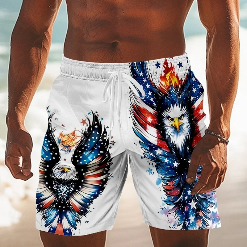 3D Printed Short Pants Men USA Flag Eagle Dog Statue Of Liberty Pattern Board Shorts Summer Patriotic Casual Sports Swim Trunks