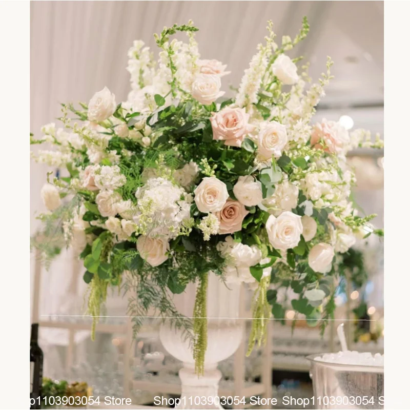 Weiße Hochzeitstischdekoration, künstliche Blumenarrangements, Hortensien, Rosen, Delphinien, Blumen für Hochzeitsfeier, Partydekoration – Detail 10