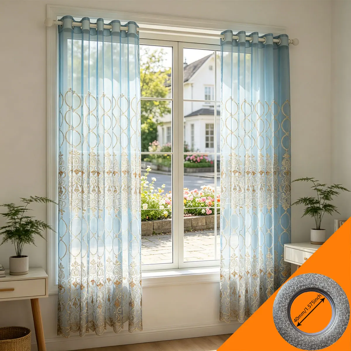 2pcs Grommet Luxury Blue & Gold Embroidered Sheer Curtains, Transparent Voile Drapes for Living Room & Bedroom