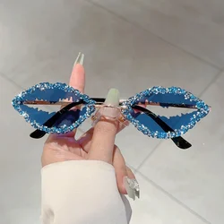 KAMMPT Rimless Lips Shaped Sunglasses with Rhinestones Trendy Women Stylish Vintage Decor Shades Trendy Funny Rave Sun Glasses