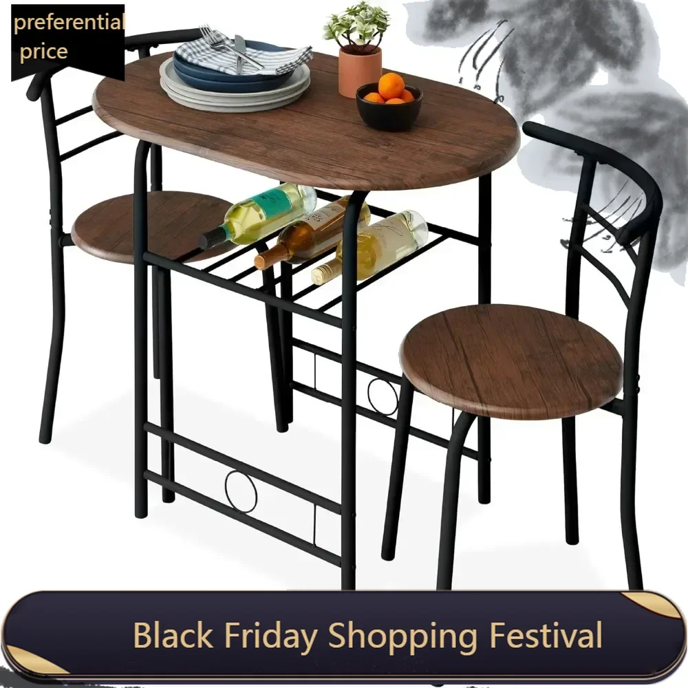 

3-Piece Wooden Round Table & Chair Set for Kitchen, Dining Room, Compact Space w/Steel Frame, Built-in Wine Rack