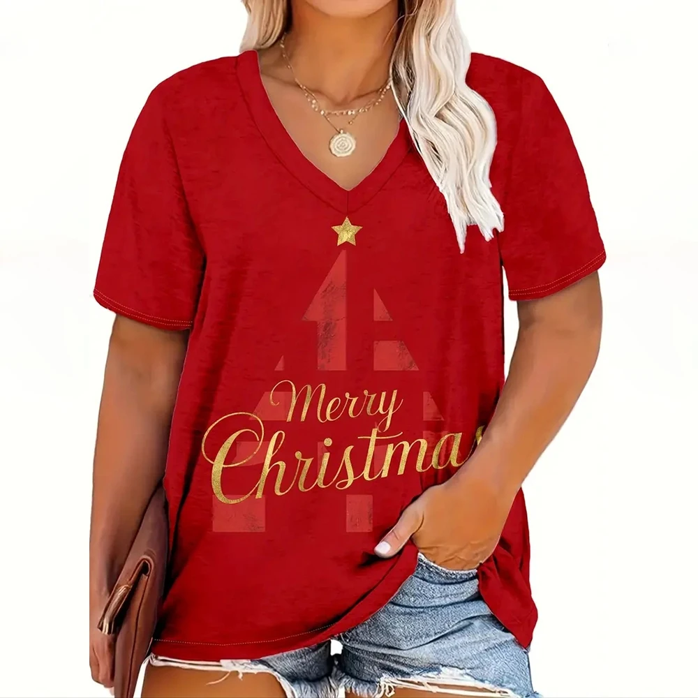 Christmas Women\'s T-Shirt Cartoon Print Street Fashion V-Neck Short-Sleeved Tee Festival Clothing Casual Female T Shirt Pullover