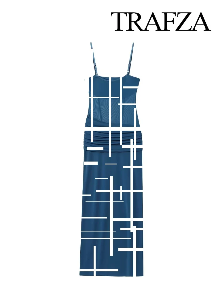

TRAFZA Women's Summer Beach Solid Square Leader Sexy Backless Spliced Sleeveless Dress Female Fashion Elegant Slim Long Dress