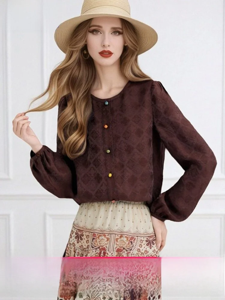

Fashionable Long Sleeve round Neck Printed Casual Shirt Women's Spring Style Slimming Top Ladies Elegant Design Sense Shirt