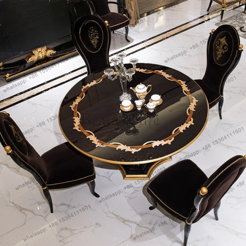European neoclassical round dining table, ebony veneer parquet American dining table