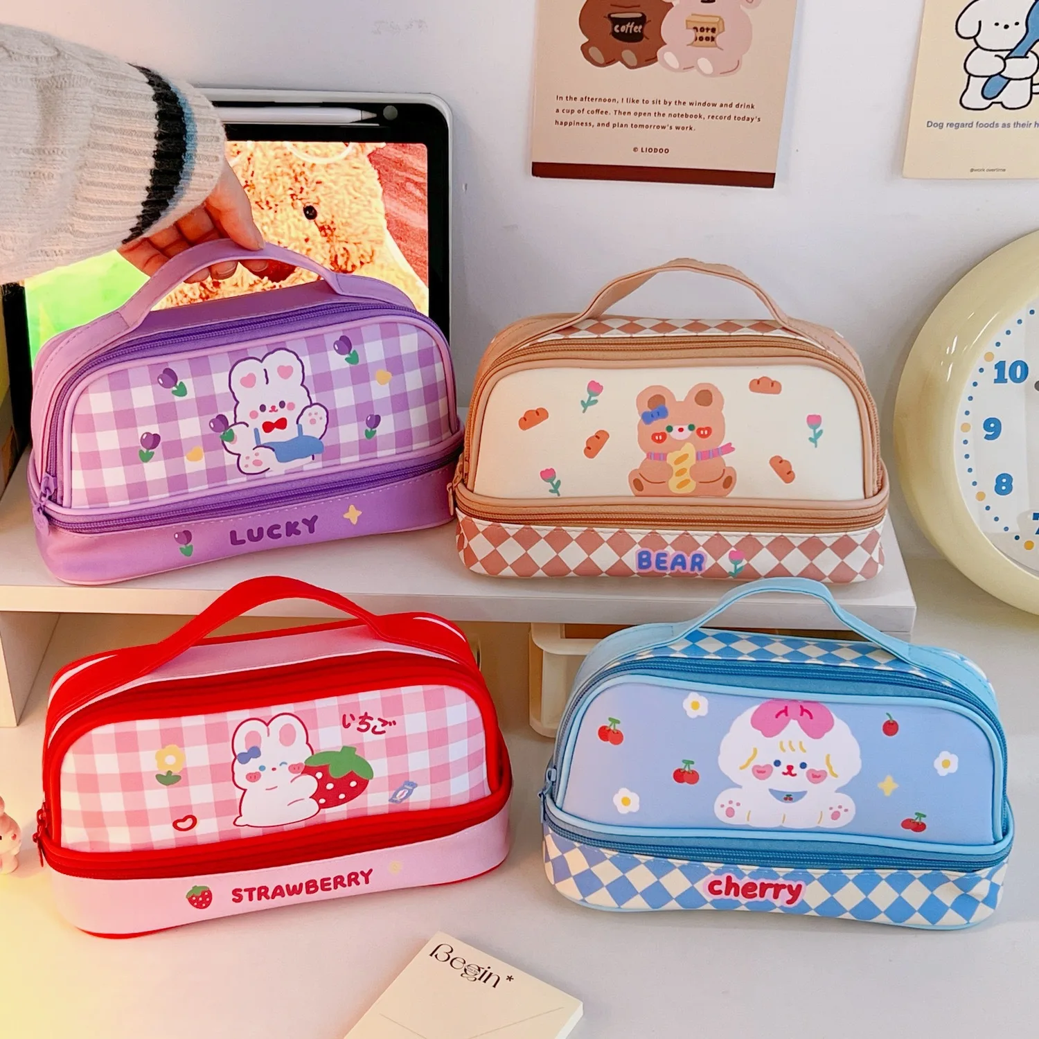 Cartoon Large Capacity Pen Bag Student Handheld Pen Bag Double Layer Storage Bag Cute And Simple Makeup Bag Stationery Box