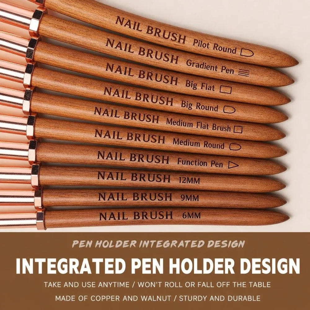 New Sandalwood Handle Nail Art Brushes Portable Pen Rack Design Nail Design Pen Manicure Pen Nail Salon