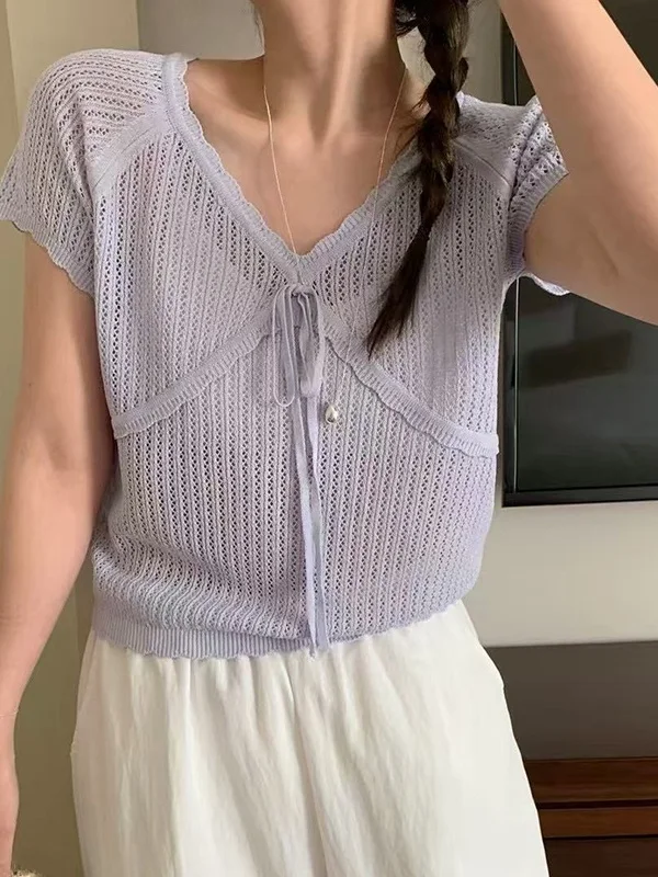 

Korean Sle ort Sve Knitted Top Women's V-Ne Hollow out Bow Tie Design Gentle Lace Trim Summer Faion Casual Wear