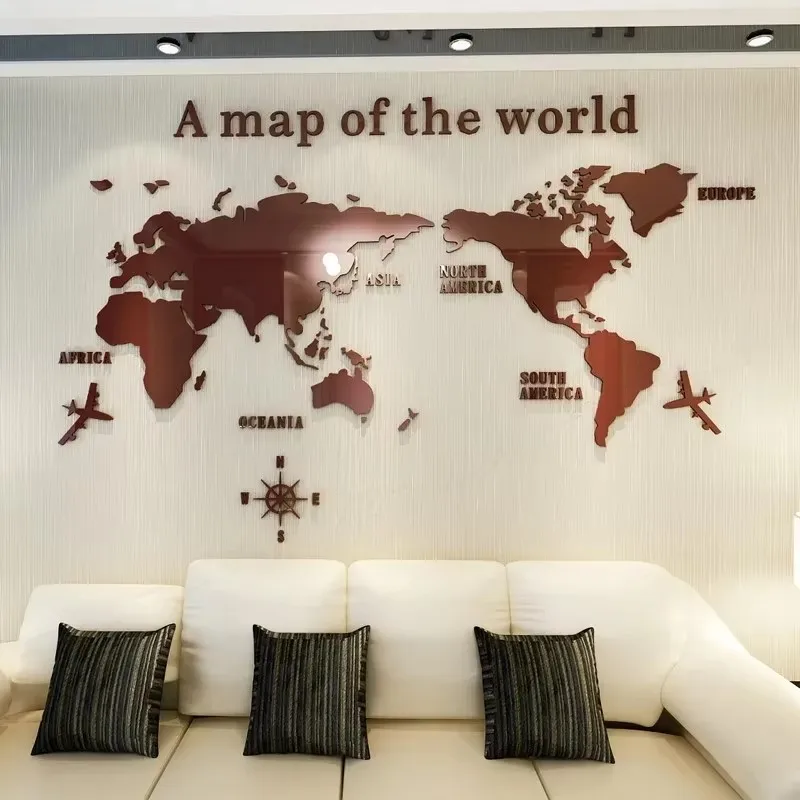 3D Acrylic Office Classroom Wall Stickers Home Decor Stickers World Map Wall Stickers Living Room TV Sofa Background Wall Decals