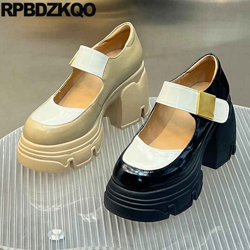 

Pumps Patchwork Women Mary Jane Platform Round Toe Multi Colored High Heels Patent Leather Cow Skin Chunky Shoes Hook & Loop