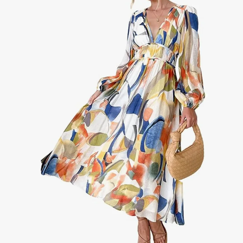 

Bohemian Style European American New Spring and Autumn Deep V Printing High Waist Casual Long Sleeve Medium and Long Dress Dress