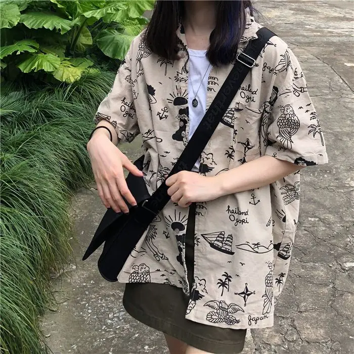 

ins summer thin Hong Kong style polo lapel short-sleeved shirt women's summer Korean style loose retro printed shirt top y2k ins