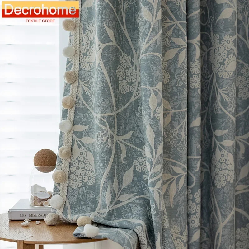 

Customized Blue Plant Jacquard Thickened Chenille Blackout Curtains for Living Room Bedroom French Window Balcony Bay Window