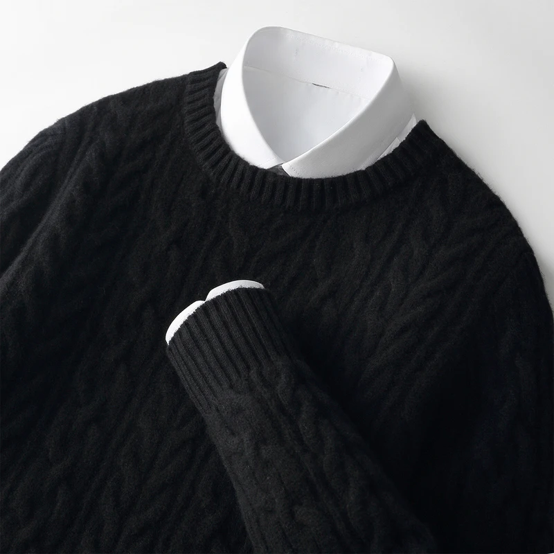 CHICUU 가을 겨울 남성용 두꺼운 O넥 케이블 니트 풀오버 스웨터 100% 메리노 울 니트 점퍼 따뜻하고 편안한 캐시미어 의류