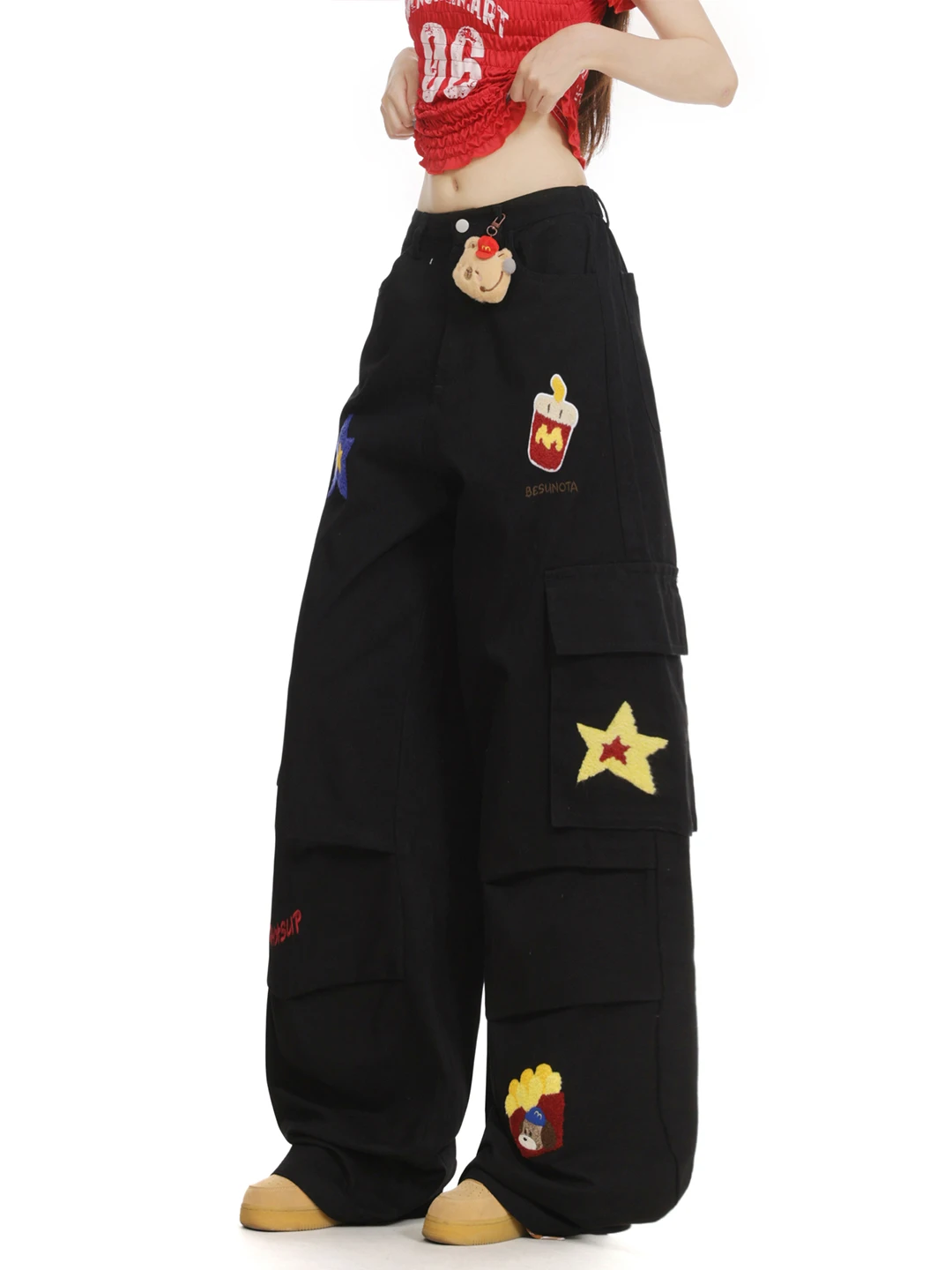 Pantaloni da lavoro Bla da donna primavera autunno pantaloni larghi pieghettati sottili a gamba larga dritti pantaloni casual ricamo asciugamano cartone animato