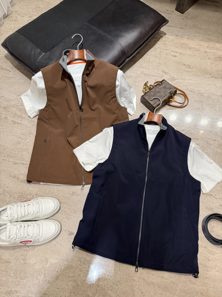 

Single Jaet Vest for Men Busin Casual Warmth Autumn Old Money Sle Thin Outerwear Stand Fit Zipper Closure