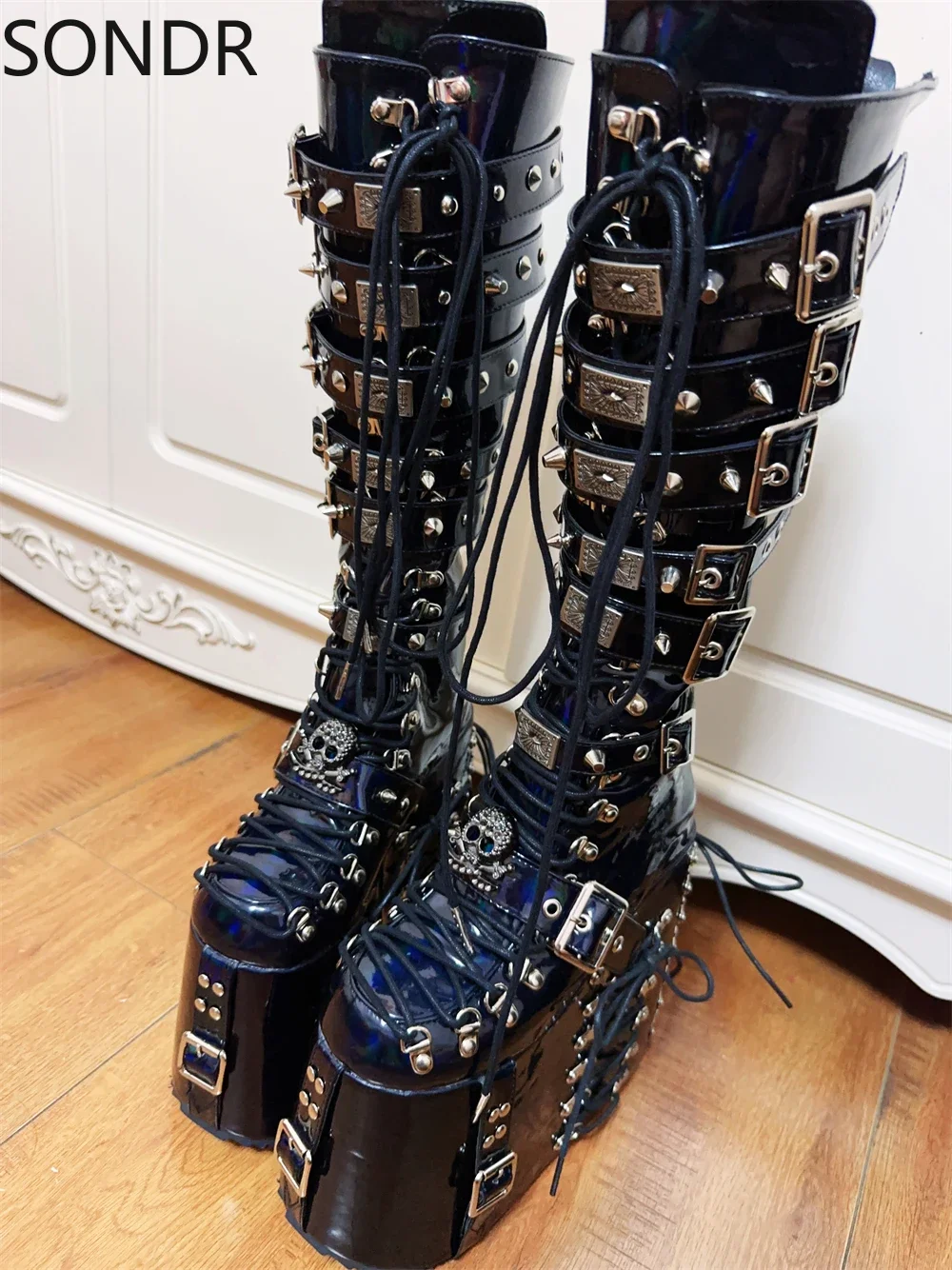 Womens Punk Skull Knee Thigh Boots Platform Wedge High Heel Belt Buckle Japanese Harajuku Lace Up Straps Motorcycle Shoes DIY JK