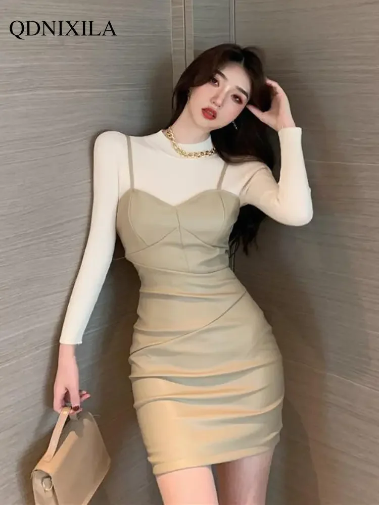 

Women's Dress 2024 Fashion Temperament Knitwear Suspender PU Leather Slim Dress Women's Two-piece Hip Dress Sets Party Dresses