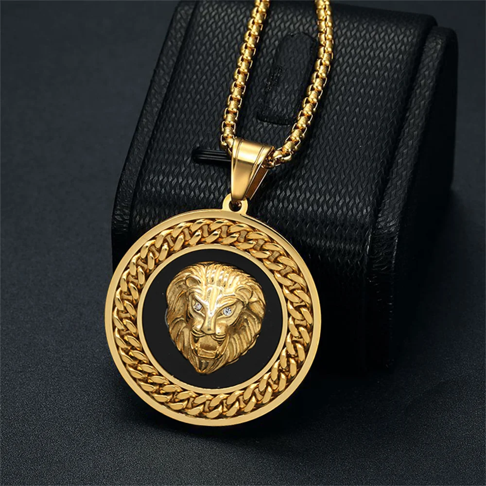 

Punk Cuban Chain Lion Head Round Pendant Male Gold Color Stainless Steel Animal Necklace for Men Cool Fashion Jewelry Gift 2025