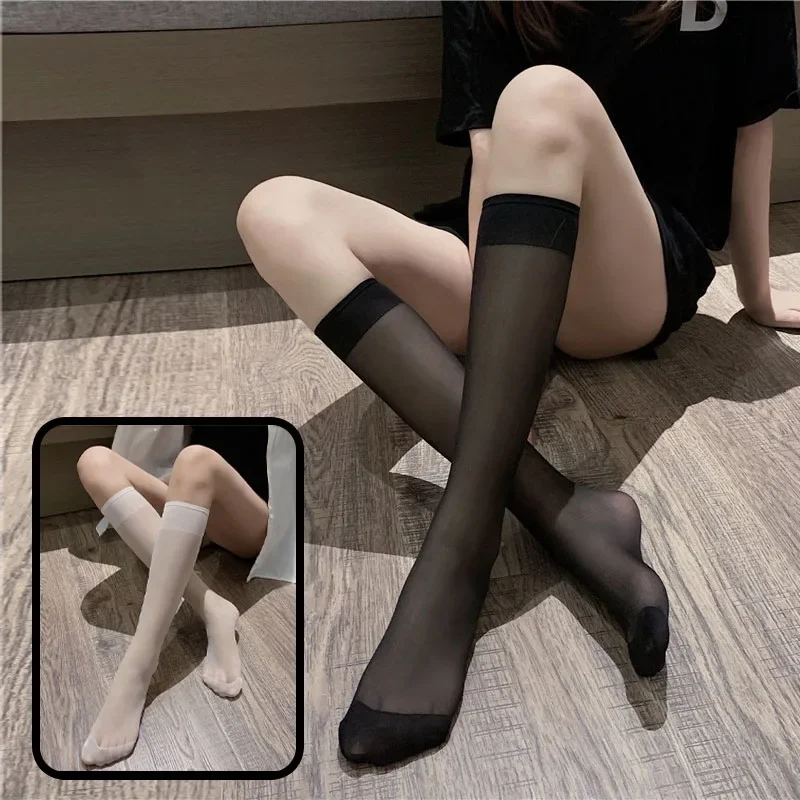 JK-Chaussettes mi-mollet pour filles, bas d'été fins, noir et blanc, vêtements Lolita féminins, chaussettes hautes au genou côtelées, chaussettes longues pour femmes