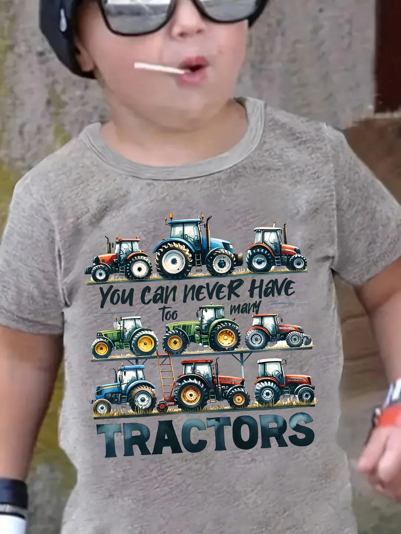 Summer Tractor Print Pattern Boys Girls Short Sleeved Children\'s T-shirt Round Neck Breathable Comfortable Casual T-shirt