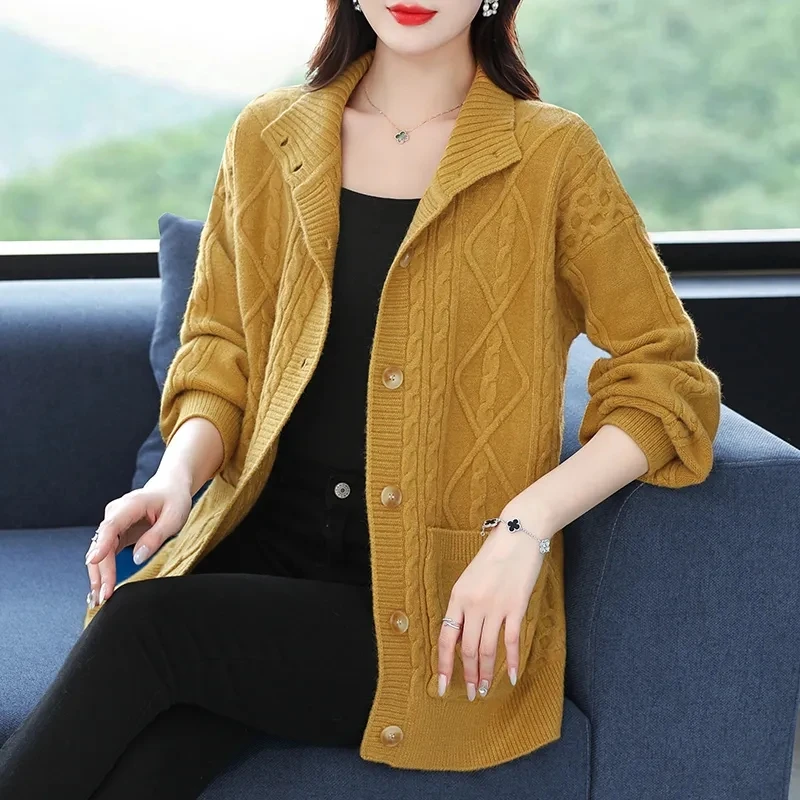 Women Knit Sweater Cardigan Coat Korean Thick Lapels Knitwear Strickjacke Spring Elegant Mom Jacket Loose Vintage Outwear New