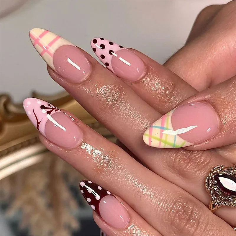 

24pcs Fake Nails Colorful French Tips Almond False Nail Art with Polka Dot Design Press on Nails Sets Finished Full Cover Nail