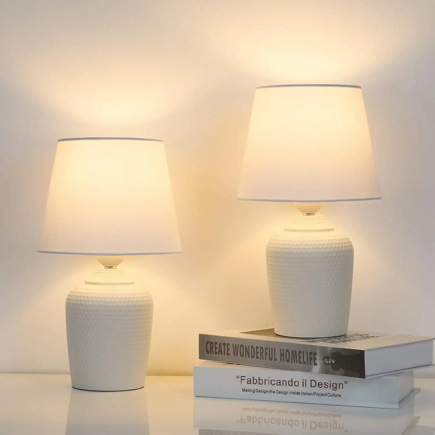

11.8" Table Lamps Set of 2, Bedside Nightstand Lamps for Bedroom, Cute Desk Lamps with Studded Texture Base, White