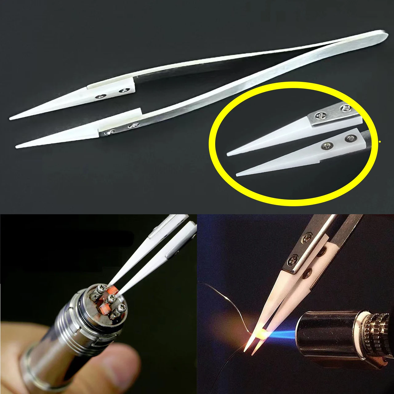 Straight Aimed Ceramic Precision Tweezers for Electronics Soldering with Stainless Steel Handle Silver/Black Tweezers Hand Tool