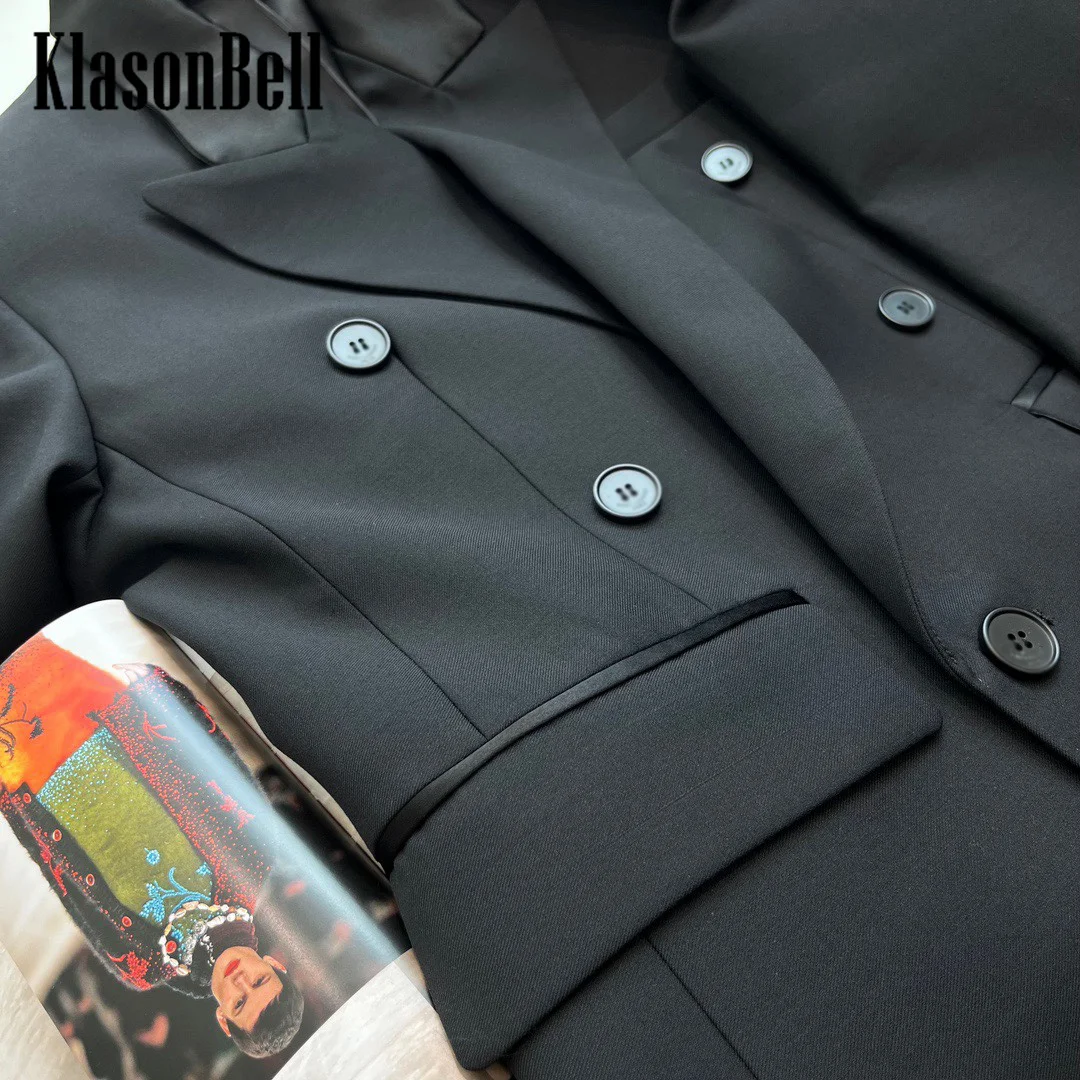 10.12 KlasonBell-Women Clothes Classic Double Breasted Acetate Collar Patchwork Wool Blazer Back Split Casual Jacket