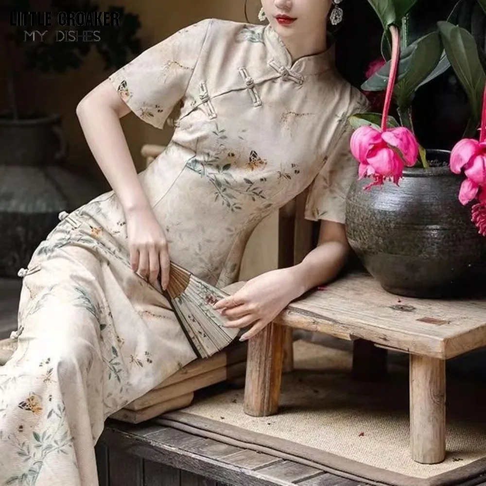 Retro Modern Chinese Clothing Improved Cheongsams Qipao Oriental Puff Sleeve Floral Chinese Dress Woman 2024